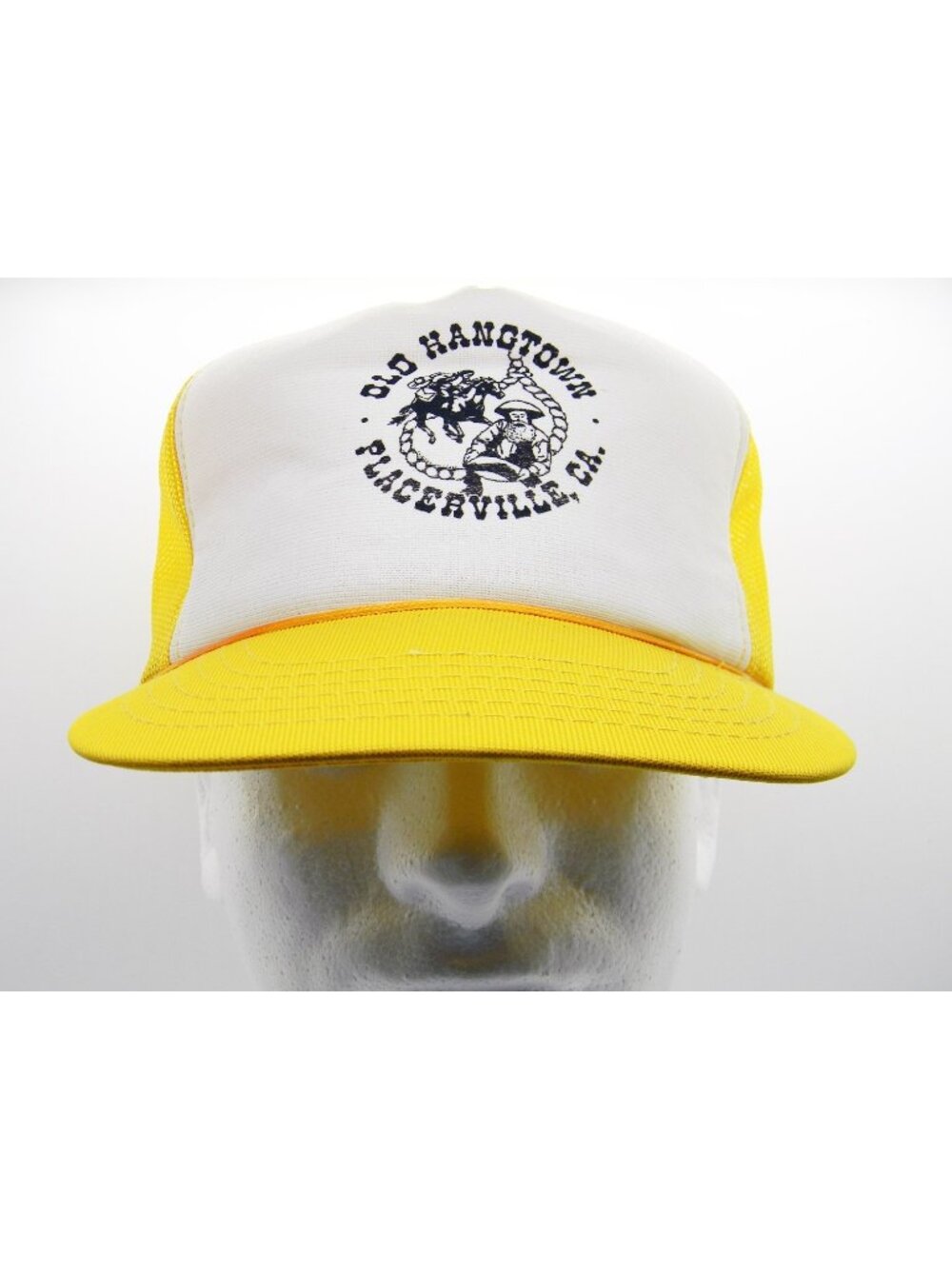 Vintage 80s Old Hangtown Placerville California Mesh Trucker Hat Snapback Yellow